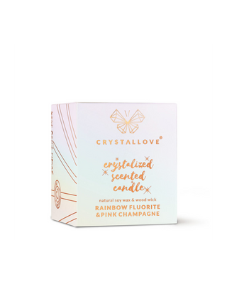 Bougie de soja avec fluorite arc-en-ciel et champagne rose dans un support en verre Crystallove - 3