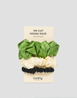 Set van 100% natuurlijke zijden haarelastiekjes - groen, crème, zwart Twisty 3 st. - 1