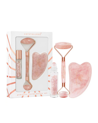 Ensemble de beauté en quartz rose Crystallove avec rouleau facial, plaque Gua Sha et flacon roll-on - 1