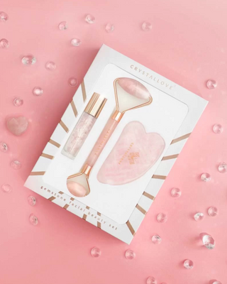 Ensemble de beauté en quartz rose Crystallove avec rouleau facial, plaque Gua Sha et flacon roll-on - 2