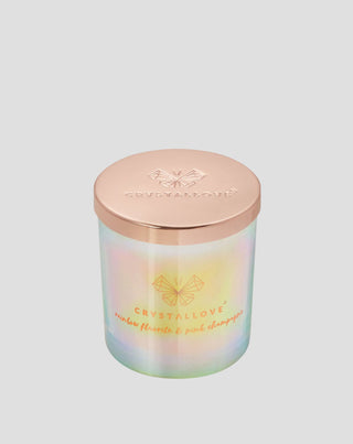 Sojawaskaars met regenboogfluoriet en roze champagne in een glazen houder Crystallove - 1