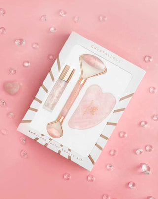 Gezichtsroller + Gua Sha Plate + Roll-On Fles Rozenkwarts Beautyset Crystallove - 2