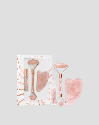 Gezichtsroller + gua sha plaatje + roll-on flesje Rozenkwarts schoonheidsset Crystallove - 1