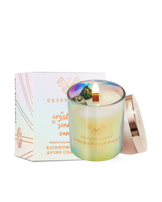 Bougie de soja avec fluorite arc-en-ciel et champagne rose dans un support en verre Crystallove - 1