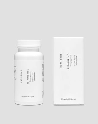 Betaïne HCl 475 mg ter ondersteuning van de spijsvertering, een opgeblazen gevoel, een zwaar gevoel en een lage maagzuurgraad Nutridome 60 capsules
