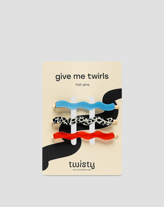 Lot d'épingles à cheveux ondulées marbrées, bleues, rouges Twisty 3 pcs. - 1